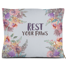 Load image into Gallery viewer, Gray Floral "Rest your Paws here" Dog Bed