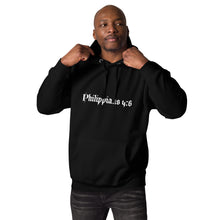 Load image into Gallery viewer, christian hooded sweatshirt features Philippians 4:6 script
