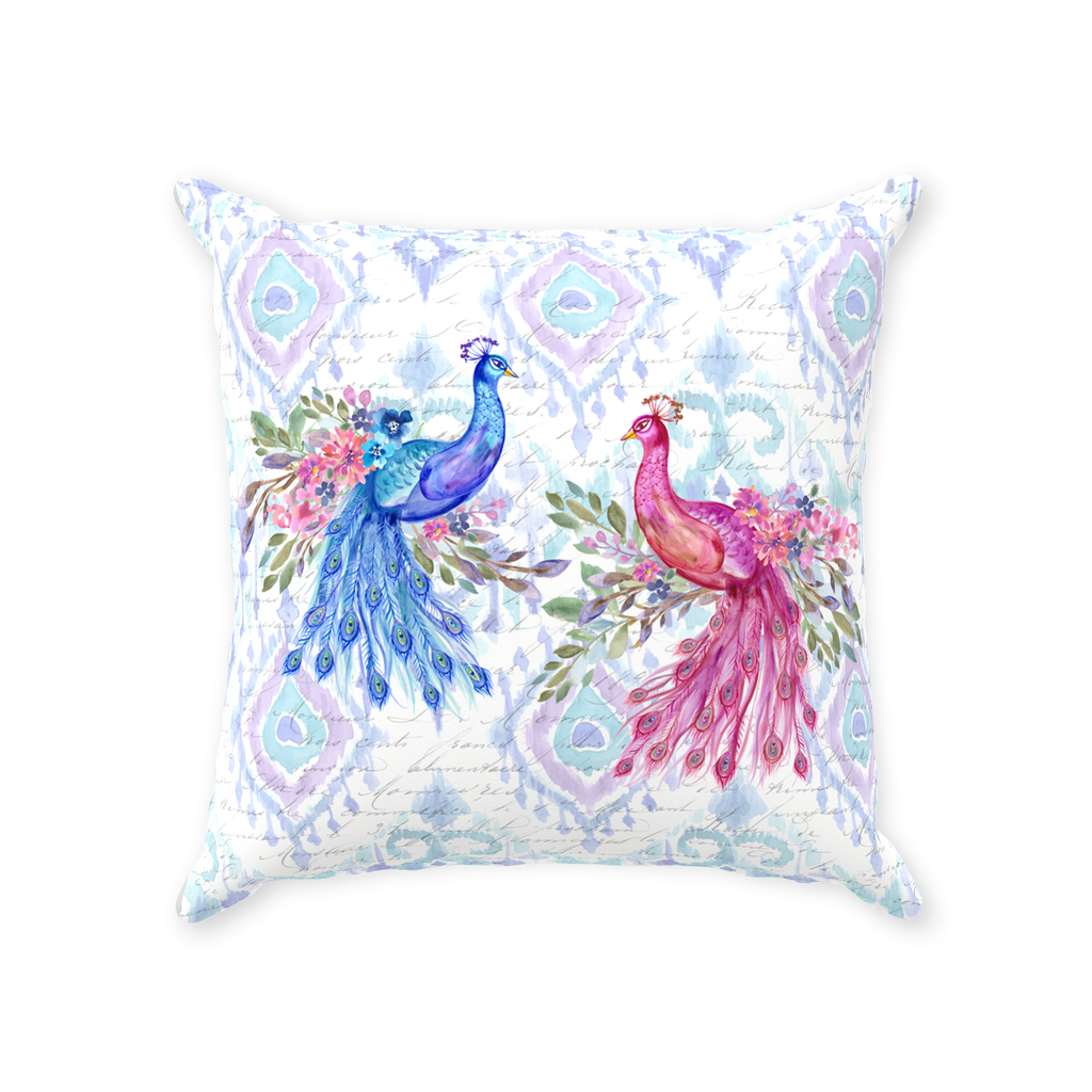 Blue & Pink Ikat Peacock Throw Pillow