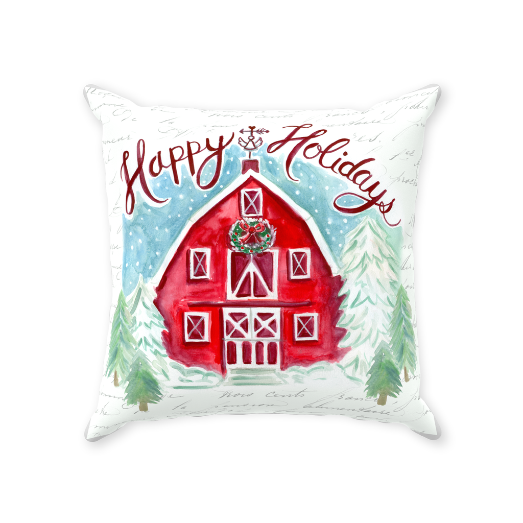Happy Holiday Red Barn Throw Pillow